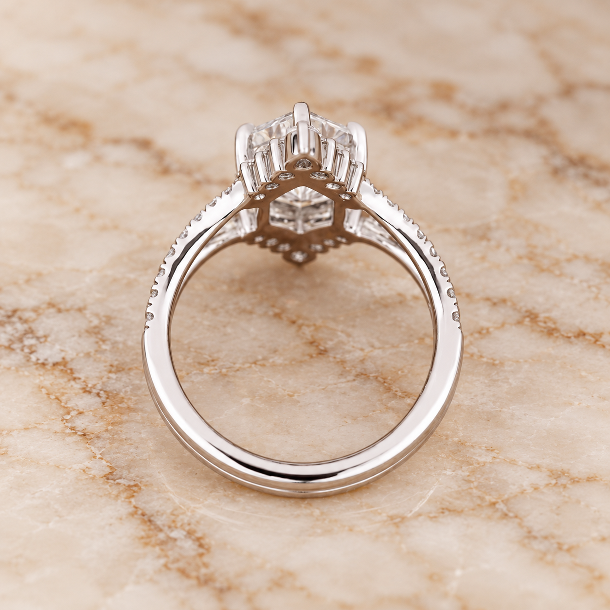 Elongated Hexagon Lab Grown Diamond Engagement Ring Split Shank 14K White Gold IGI Certified
