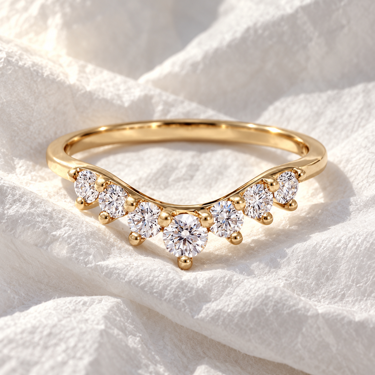 Round Lab Grown Diamond Curved Wedding Band – 7 Stone Graduated 14K Yellow Gold
