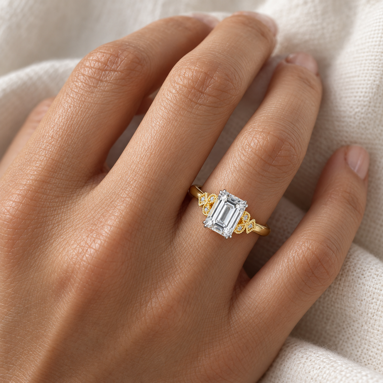 Emerald Cut Lab Grown Diamond Engagement Ring Vintage Milgrain 14K Two Tone Gold Accent Diamond Shoulders
