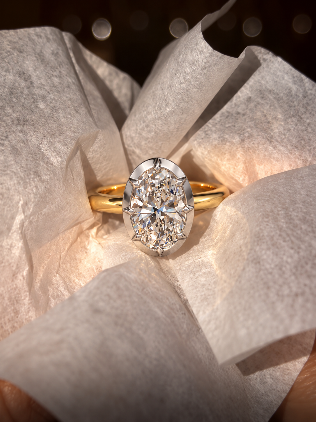 Oval Cut Lab Grown Diamond Engagement Ring Solitaire Platinum & Yellow Gold Vintage Bezel Setting