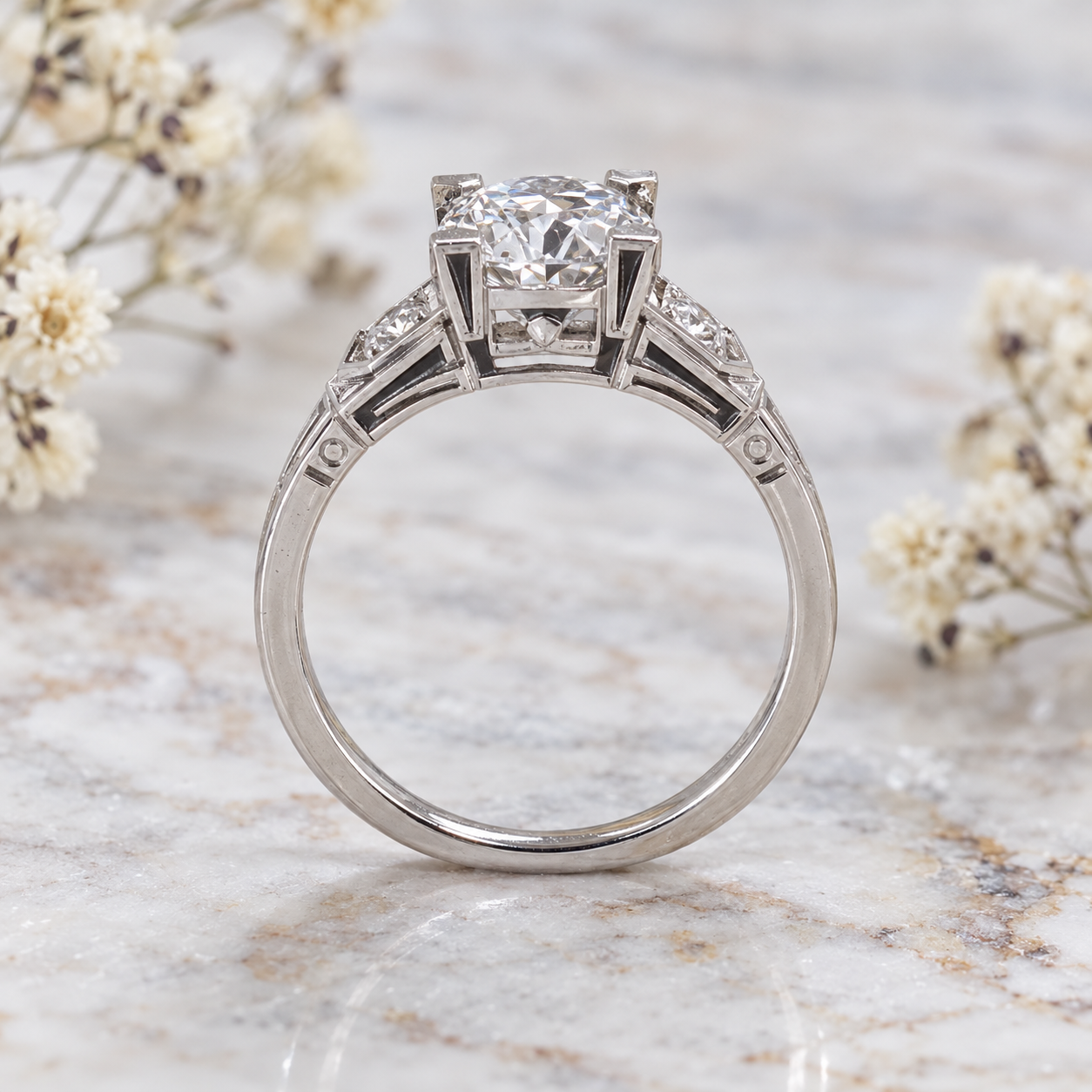 Round Lab Grown Diamond Engagement Ring Art Deco Three Stone 14K Gold E VVS2