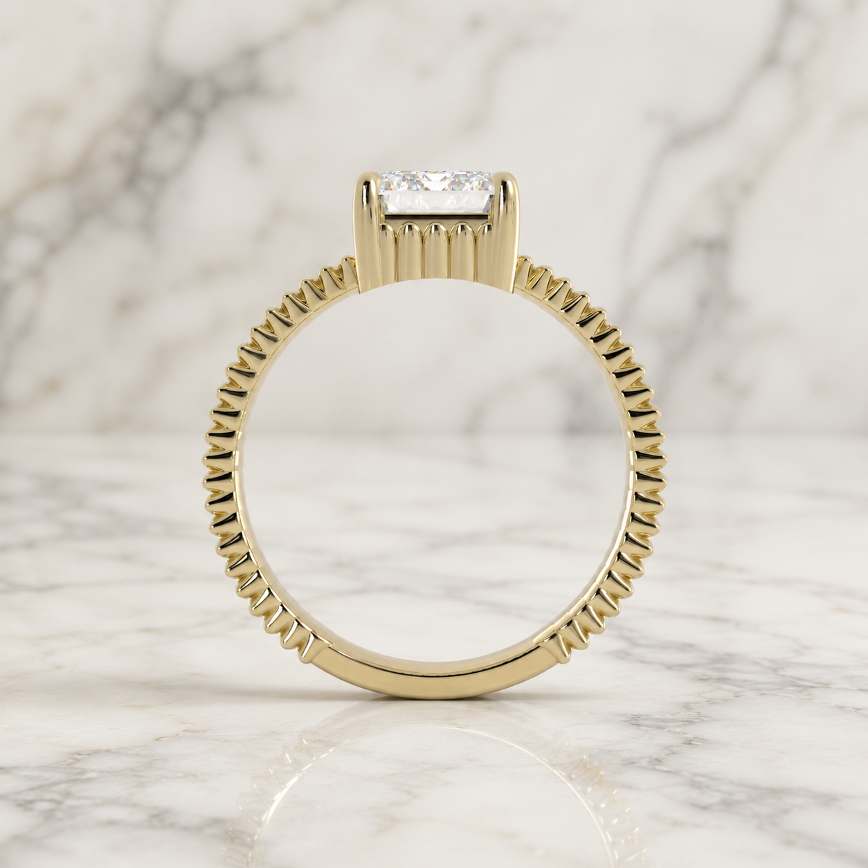 Emerald Cut Lab Grown Diamond Engagement Ring Grooved Solitaire 14K Yellow Gold 2mm Vertical Shank
