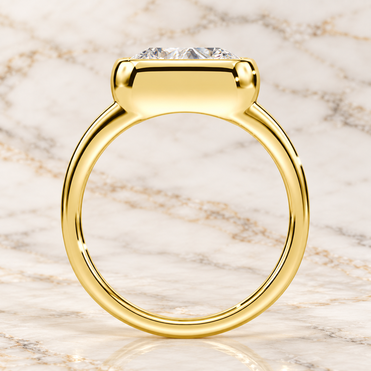 Old Mine Cut Lab Grown Diamond Ring, East-West Bezel, 14K Yellow Gold Split Shank