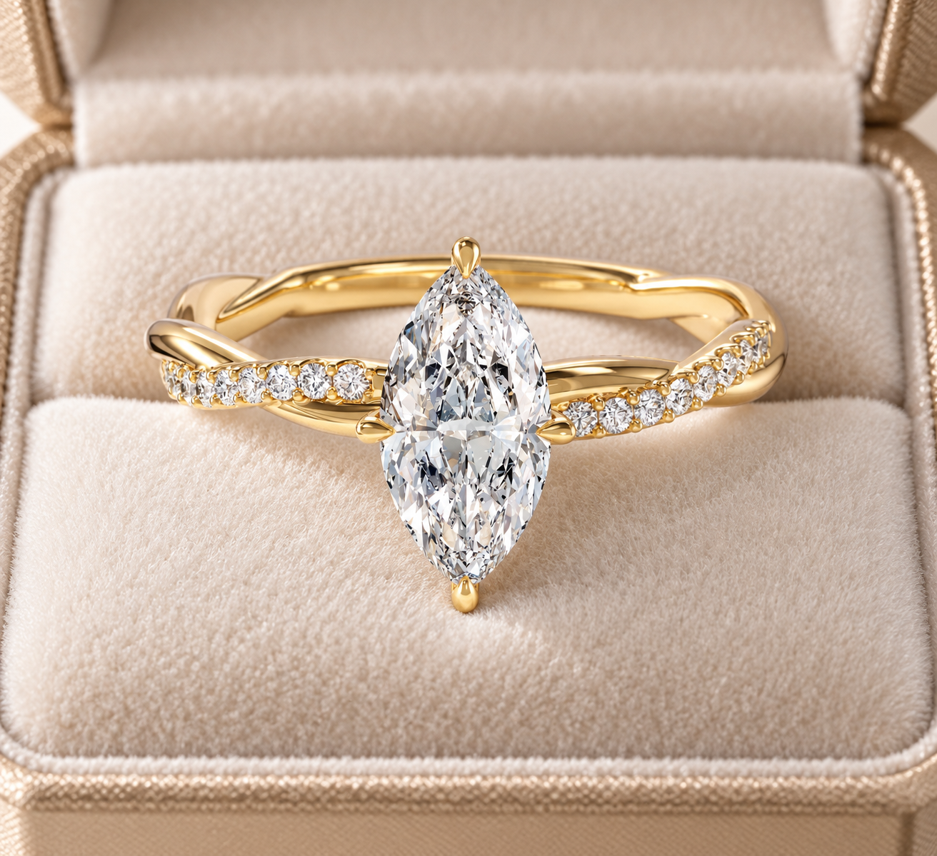 Marquise Lab Diamond Engagement Ring Twisted Vine Pave Band 14K Yellow Gold Solitaire