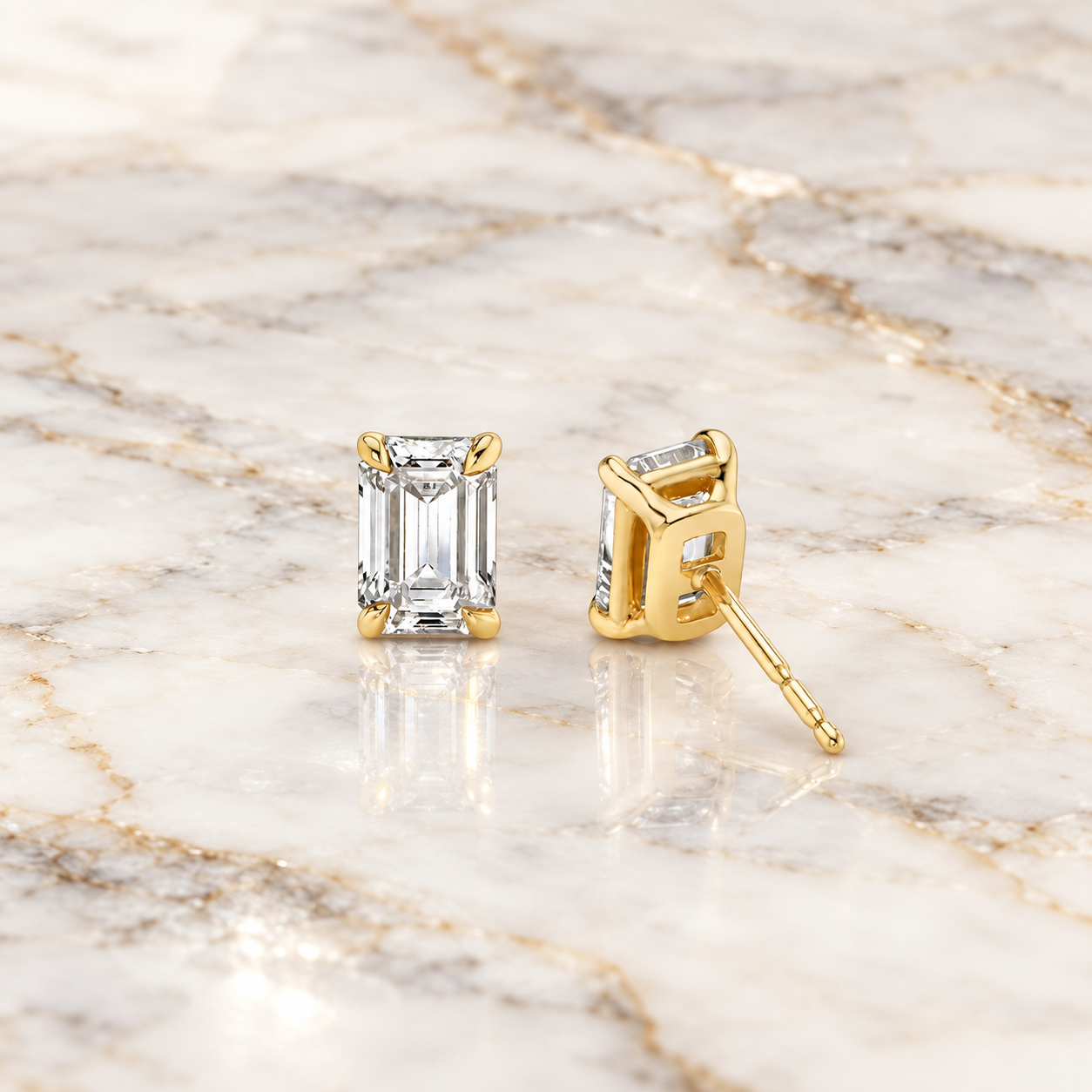 Emerald Cut Lab Grown Diamond Stud Earrings 14K Yellow Gold IGI Certified Studs