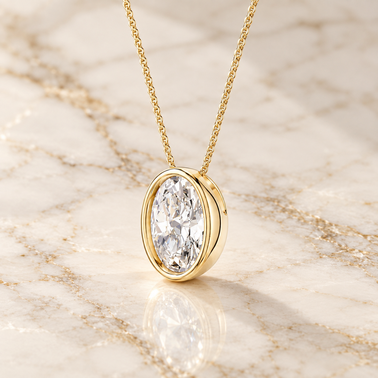 Oval Lab Grown Diamond Pendant Necklace Bezel Set 14K Gold IGI Certified Diamond Charm
