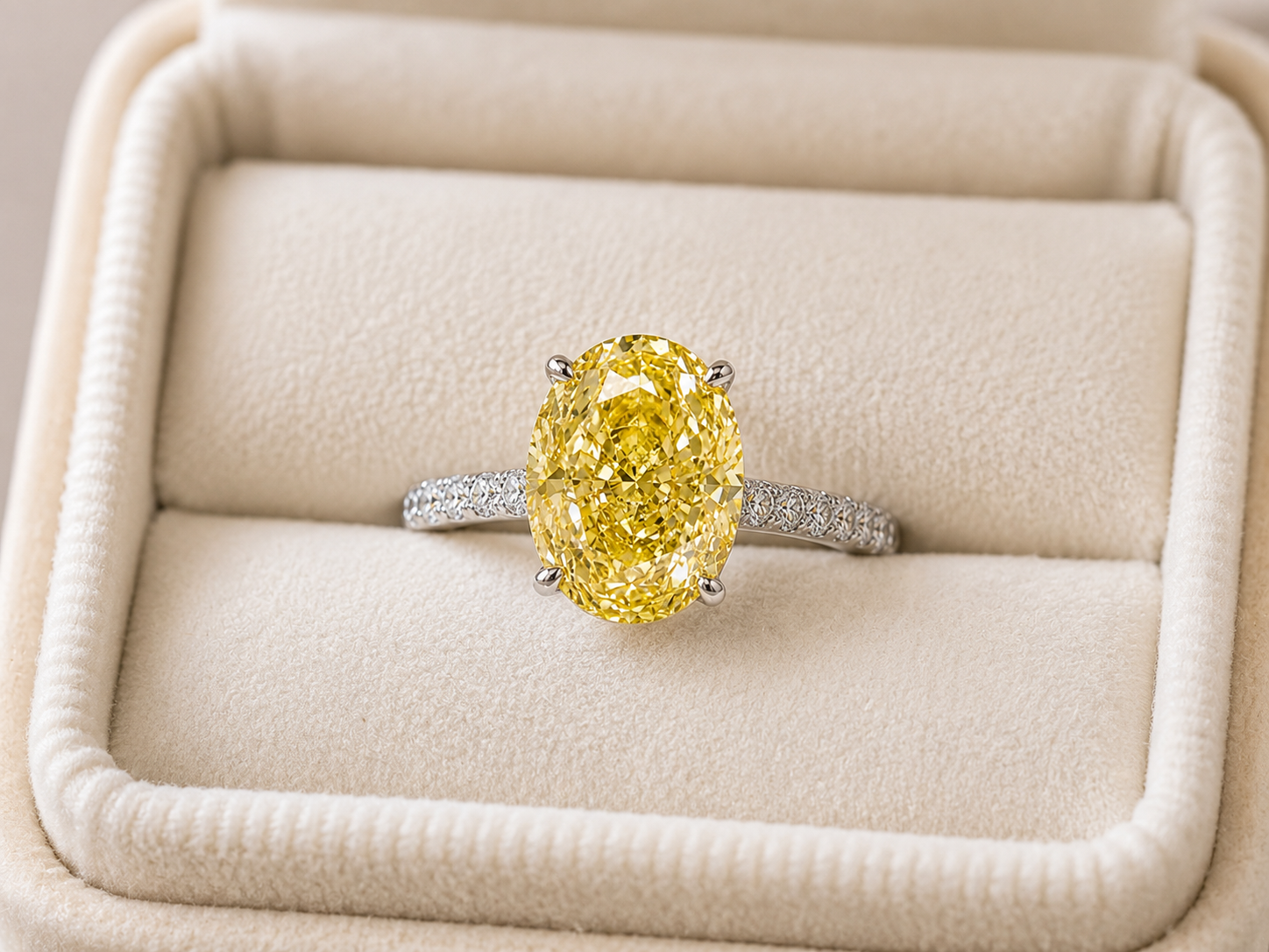 Fancy Yellow Oval Lab Grown Diamond Engagement Ring Four-Prong Solitaire 14K White Gold Pavé Band