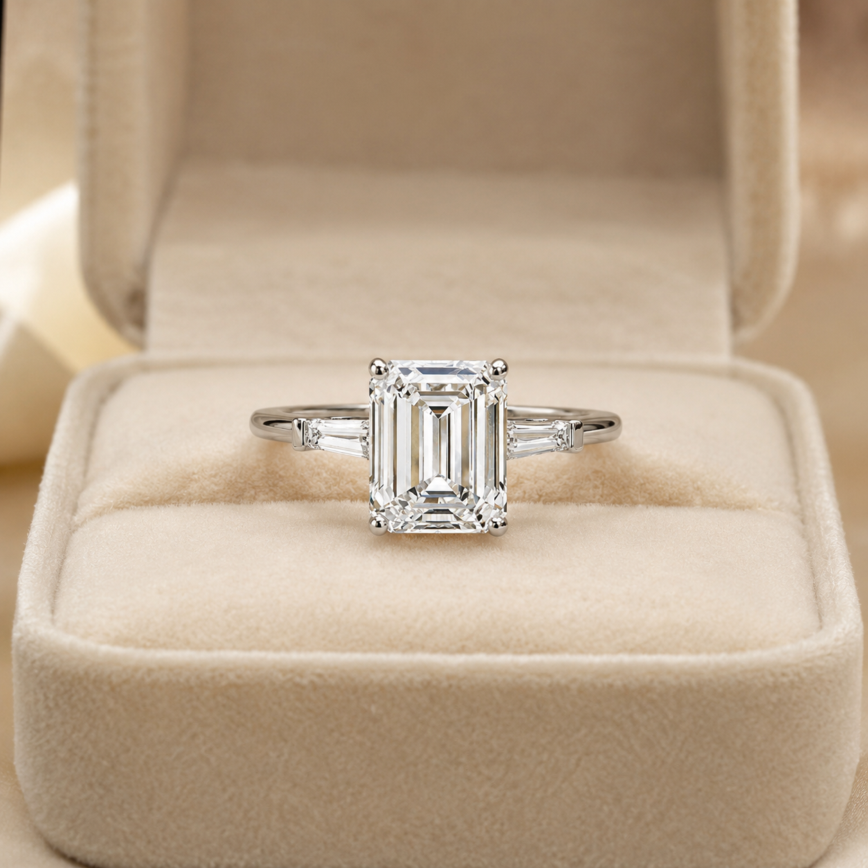 Emerald Cut Lab Grown Diamond Engagement Ring Three Stone Tapered Baguette 14K White Gold Four-Prong Bar-Set Setting
