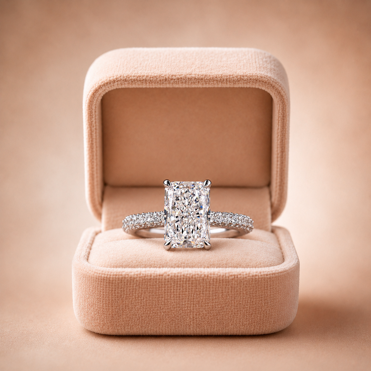 Radiant Lab Grown Diamond Engagement Ring Three-Sided Pavé Platinum IGI Certified 3.20 Carat