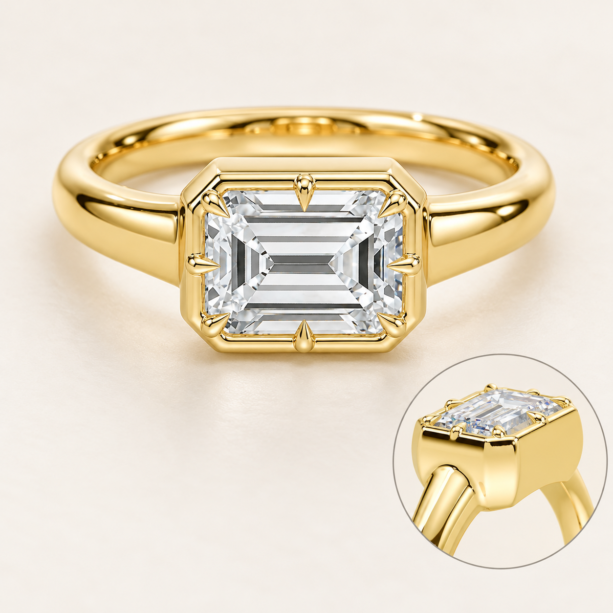 Emerald Cut Lab Grown Diamond Engagement Ring East West Solitaire 14K Yellow Gold Button Back Setting