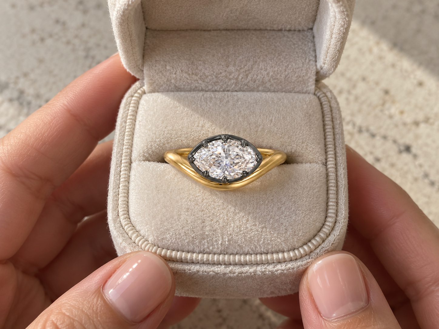 Marquise Lab Grown Diamond Engagement Ring East-West Bezel-Prong 14K Yellow Gold IGI Certified