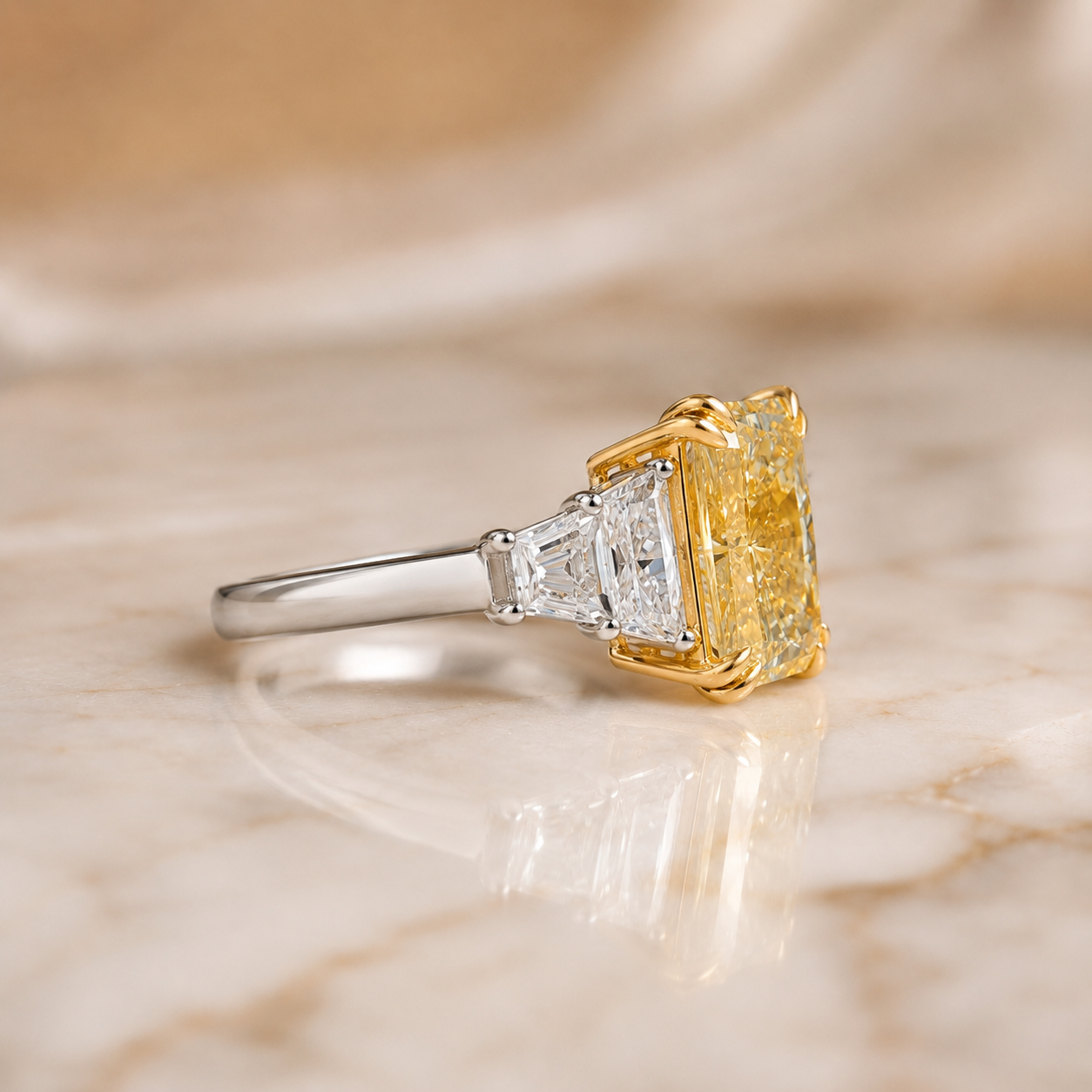 Canary Yellow Radiant Engagement Ring  Five Stone 14K Yellow Gold –VVS2 Trapezoid Baguette Sides