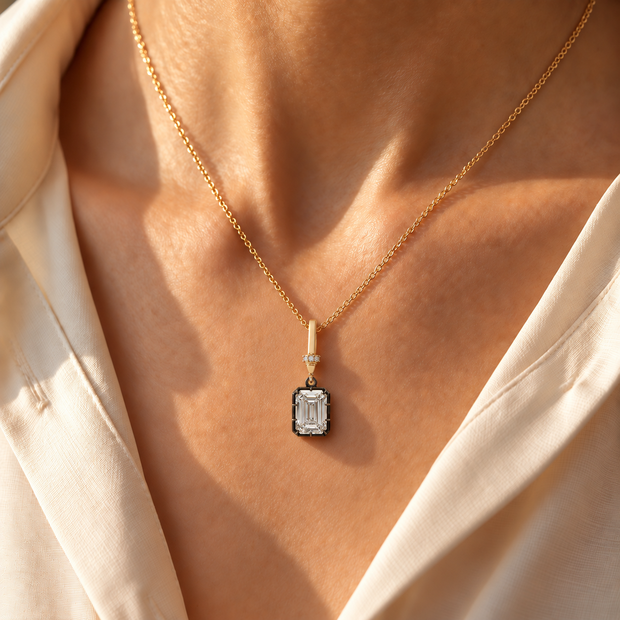 IGI Certified Lab Diamond Emerald Cut Pendant, Blackened Gold Setting