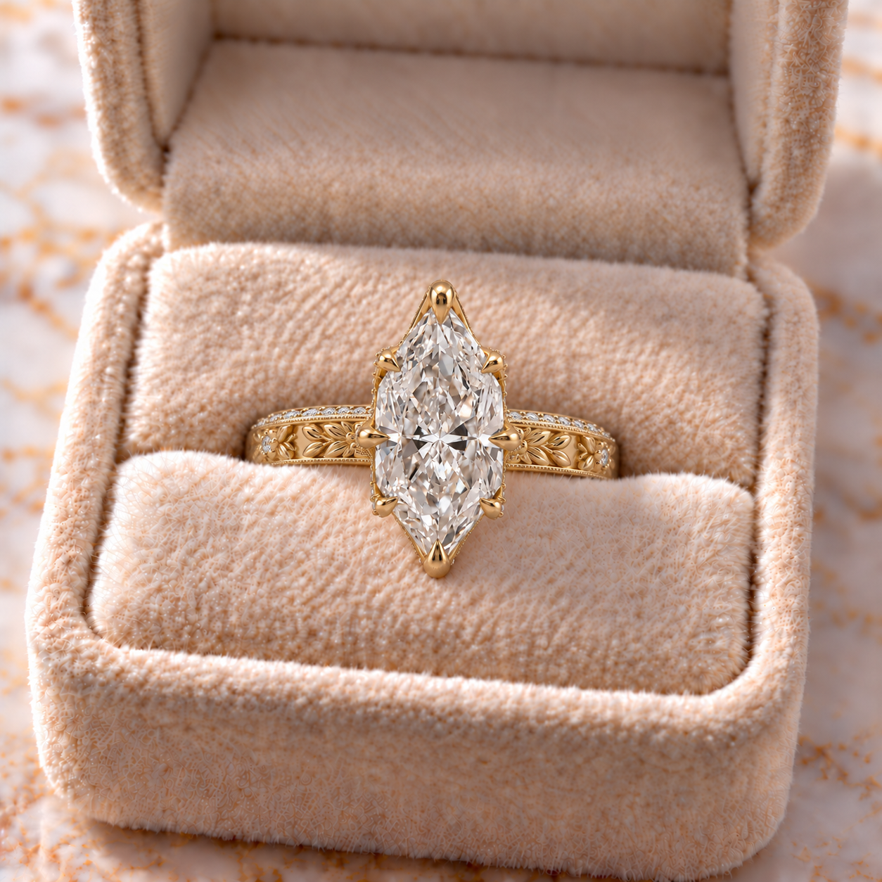 Dutch Marquise Lab Grown Diamond Engagement Ring Floral Vintage 14K Yellow Gold IGI Certified Solitaire