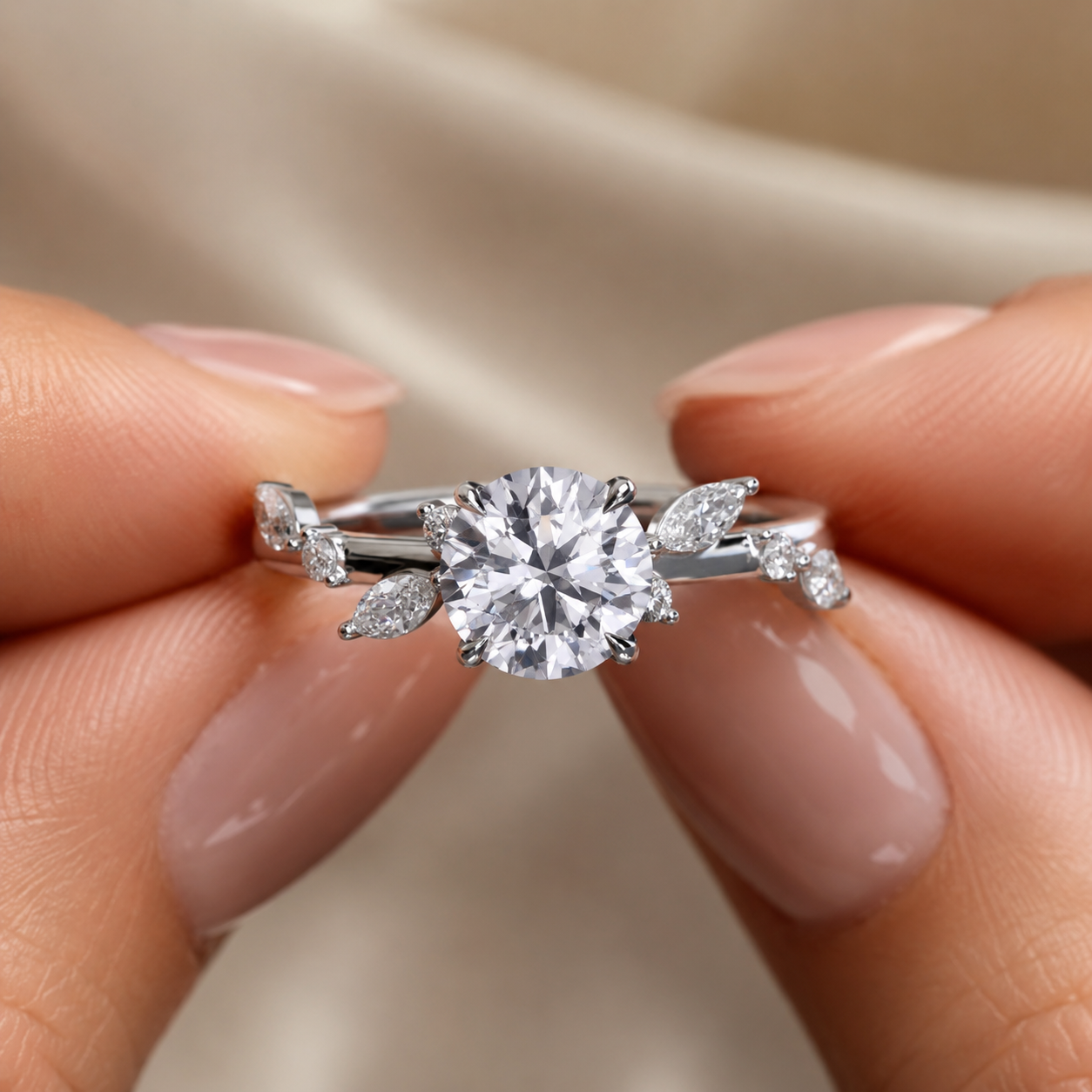 Round Lab Grown Diamond Engagement Ring Marquise Side Stone 14K White Gold IGI Certified 1 Carat