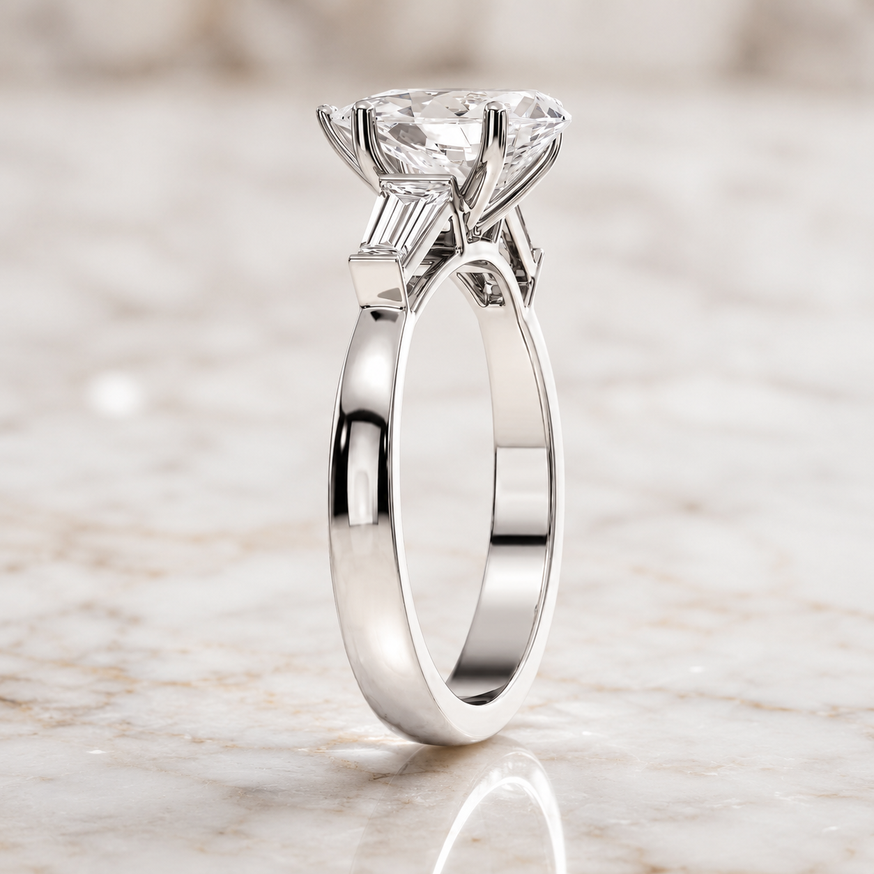Pear Cut Lab Grown Diamond Engagement Ring Three Stone 14K Yellow Gold Tapered Baguette Side Stones