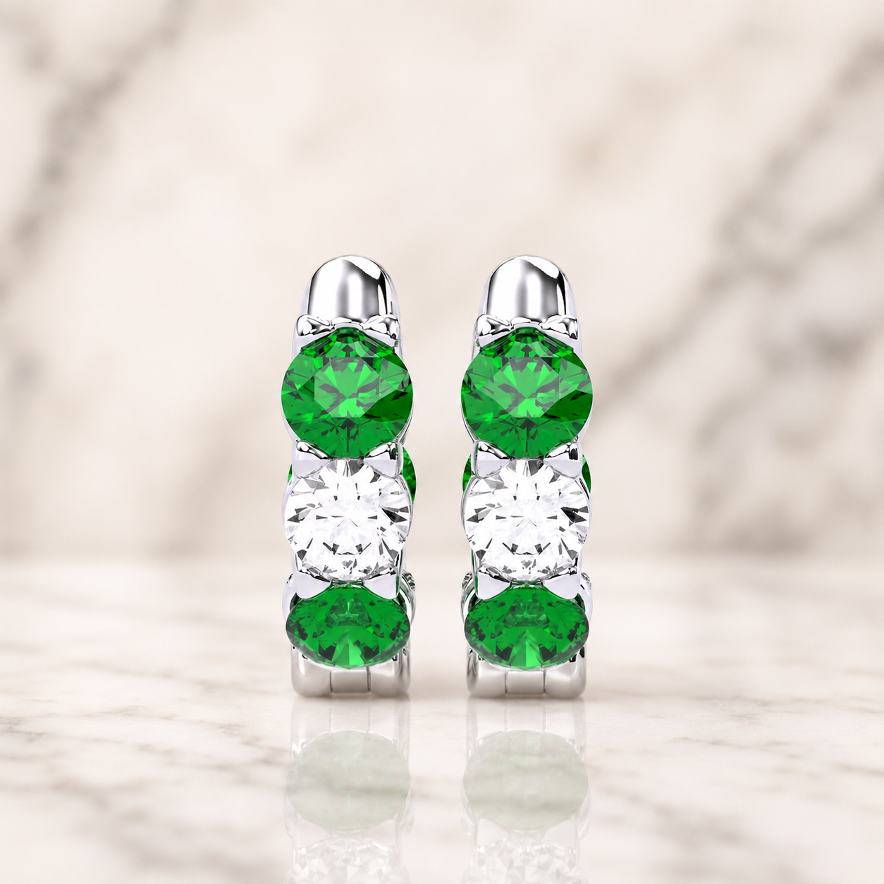 Round Lab Grown Diamond Huggie Hoop Earrings Created Emerald 14K White Gold IGI Certified 2ct