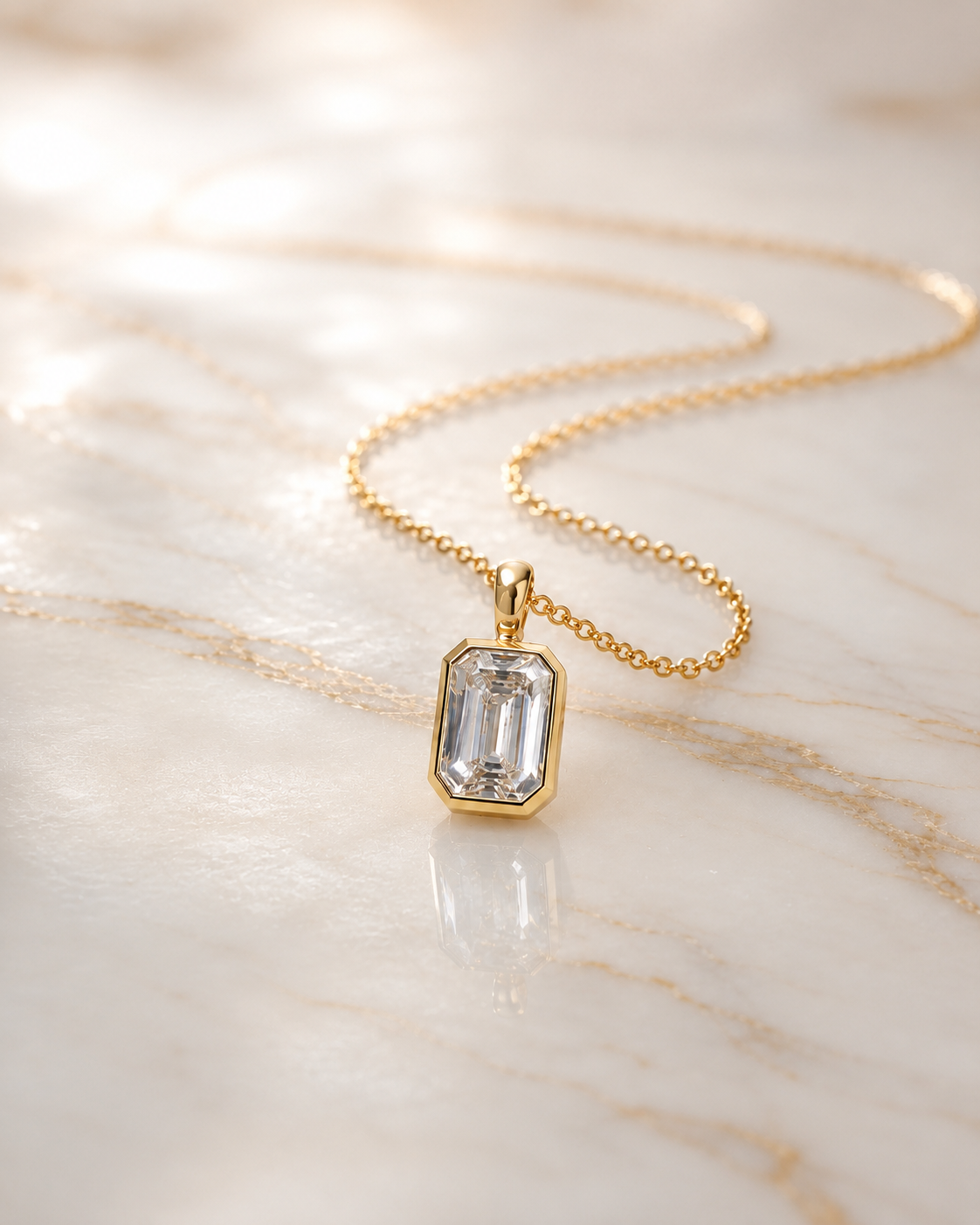 Emerald Cut Lab Grown Diamond Bezel Pendant Necklace – Solitaire 14K Yellow Gold – Curb Chain