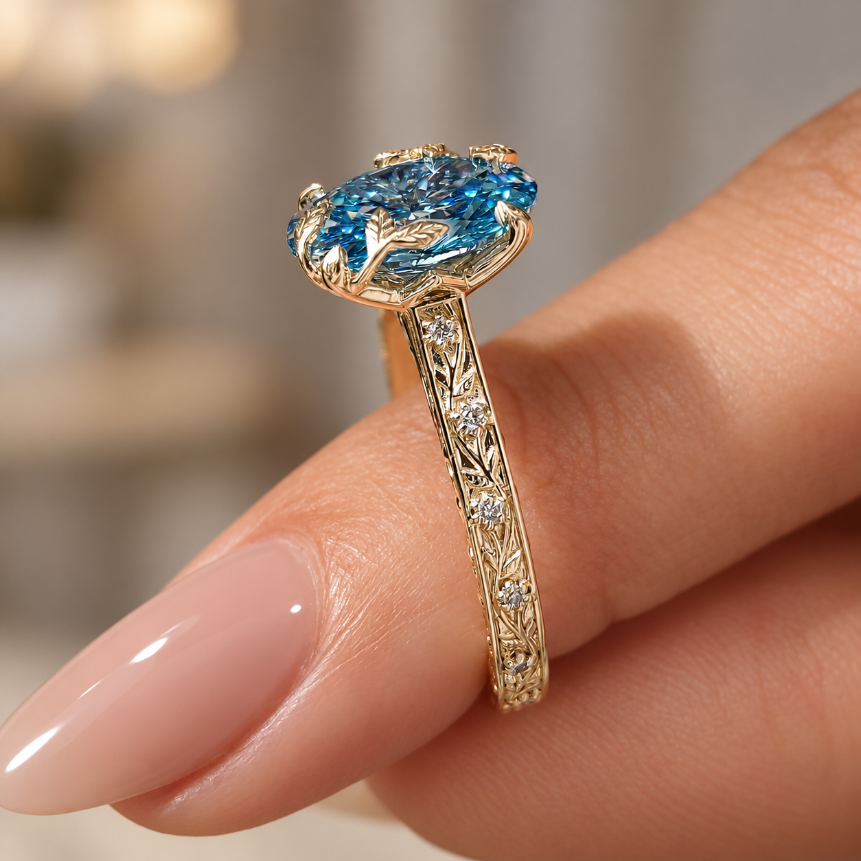 Blue Oval Lab Grown Diamond Engagement Ring Vintage Leaf 14K White Gold IGI Certified 2 Carat
