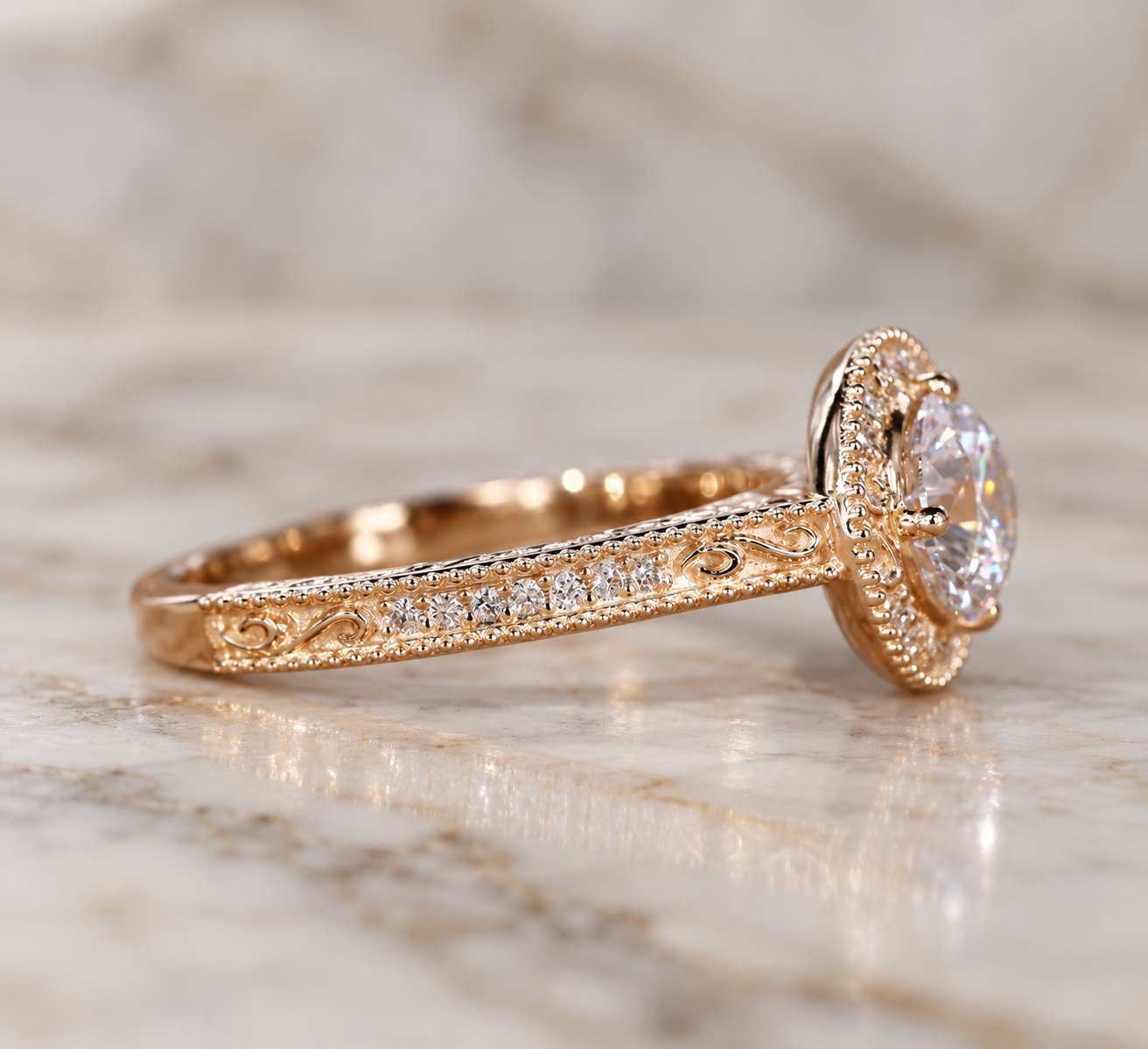 Round Lab Grown Diamond Engagement Ring Vintage Halo 14K Yellow Gold IGI Certified E VVS2