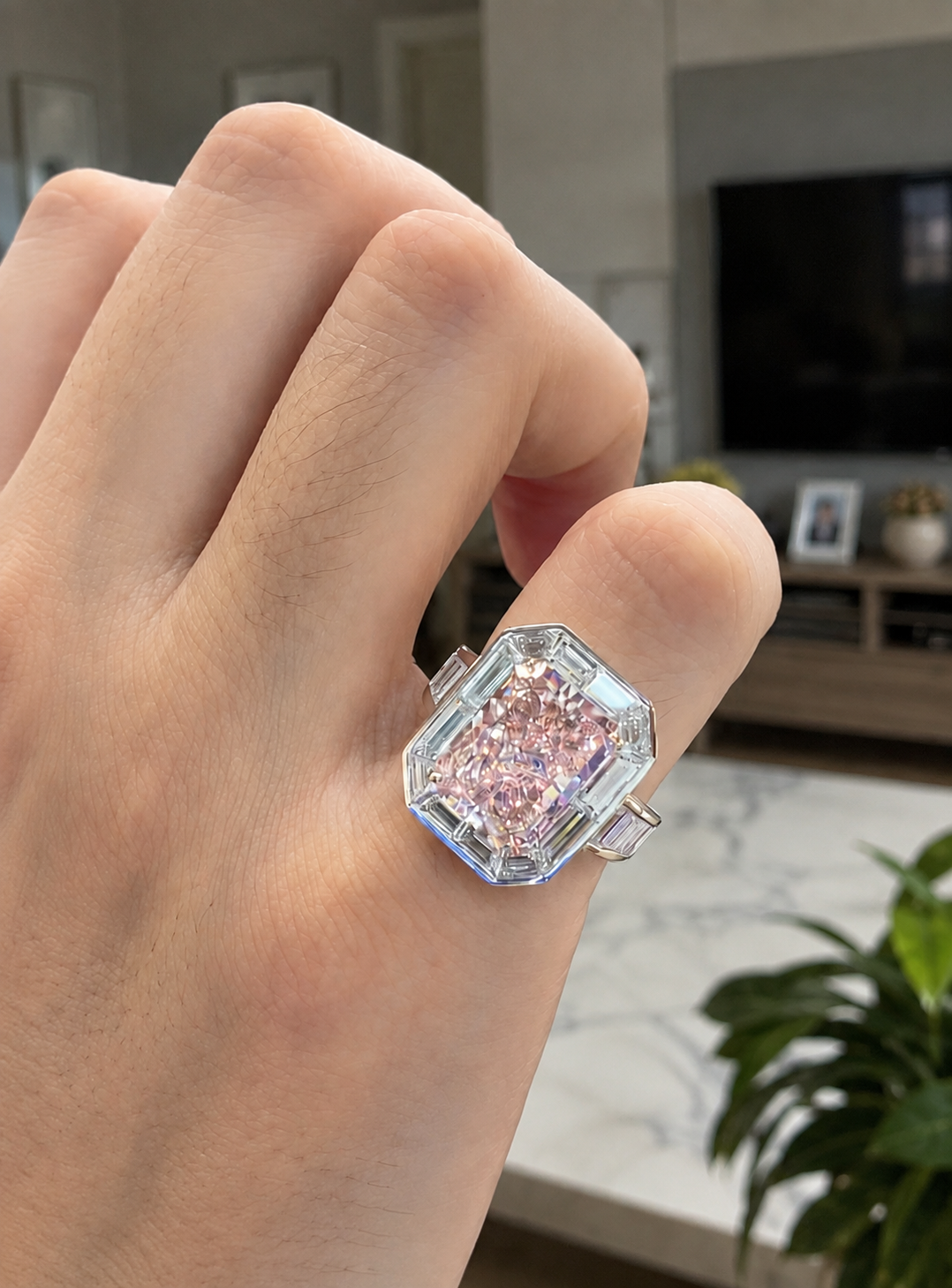 Pink Radiant Lab Grown Diamond Engagement Ring – Baguette Halo 14K White Gold – Channel-Set Shoulders
