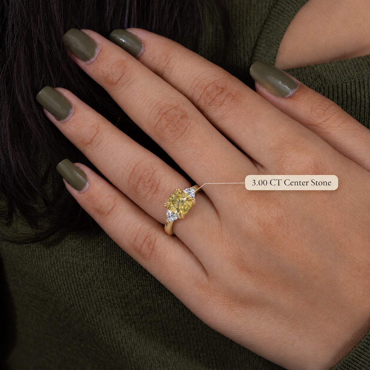 Fancy Yellow Cushion Lab Grown Diamond Engagement Ring – Three Stone 14K Yellow Gold Trillion Accents