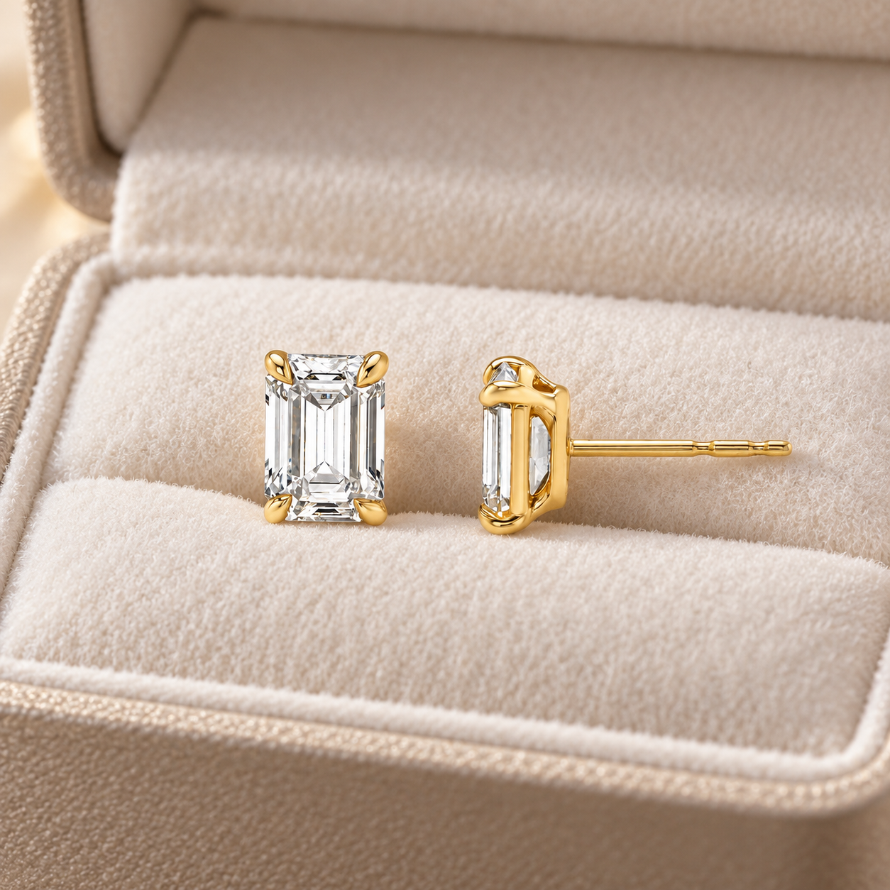 Emerald Cut Lab Grown Diamond Stud Earrings 14K Yellow Gold IGI Certified Studs