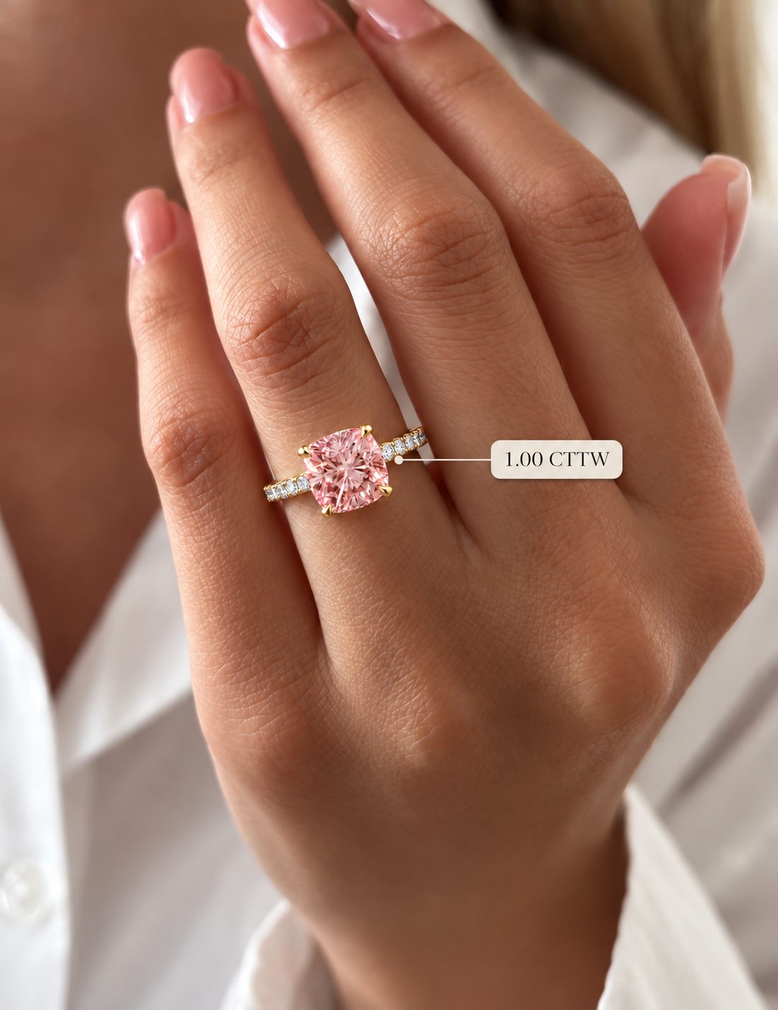 Pink Cushion Cut Lab Grown Diamond Ring, 14K Yellow Gold Pave Band (IGI Certified)