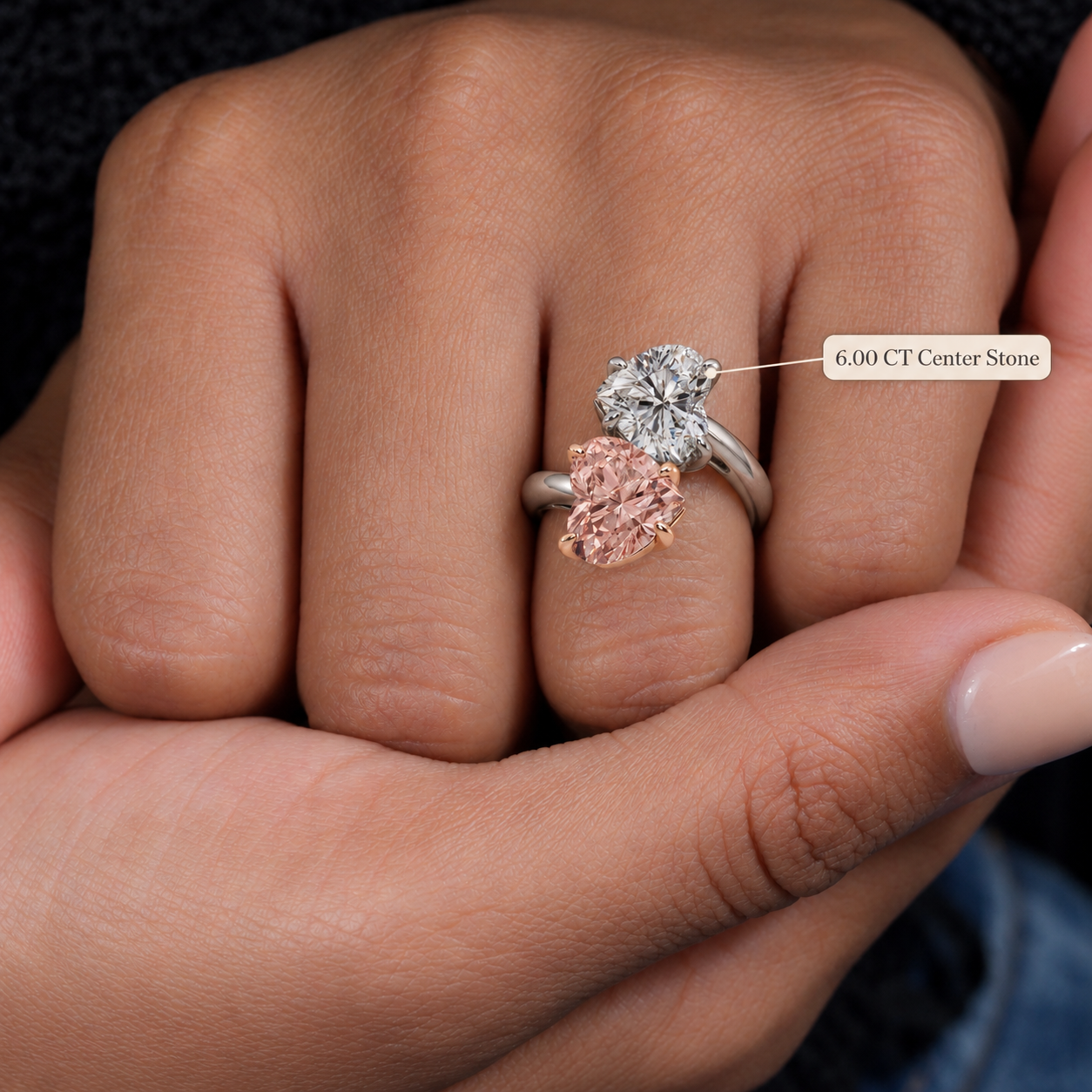 Toi et Moi Lab Grown Diamond Engagement Ring Fancy Pink & White Heart Bypass 14K Two Tone Gold IGI Certified