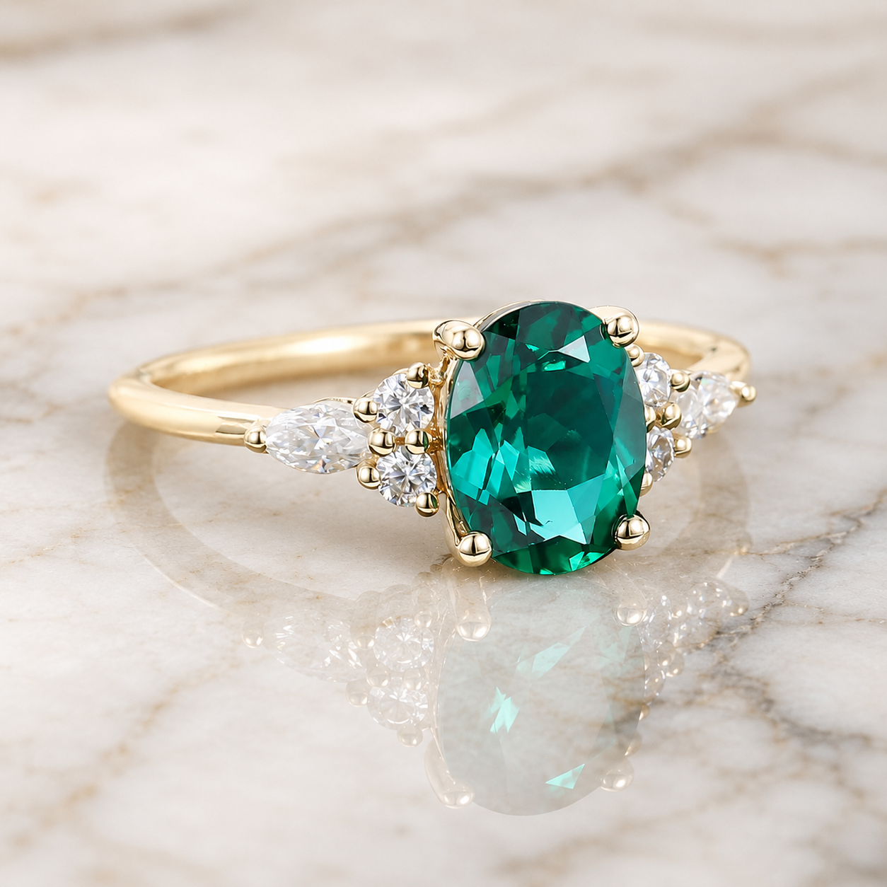 Oval Emerald & Lab Grown Diamond Engagement Ring Vintage Cluster 14K Gold Classic Setting