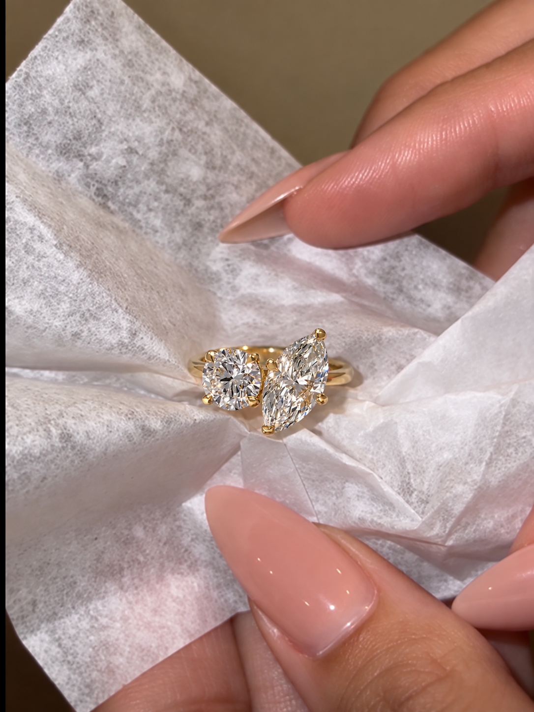Marquise & Round Lab Grown Diamond Engagement Ring Two Stone Toi et Moi 14K Yellow Gold