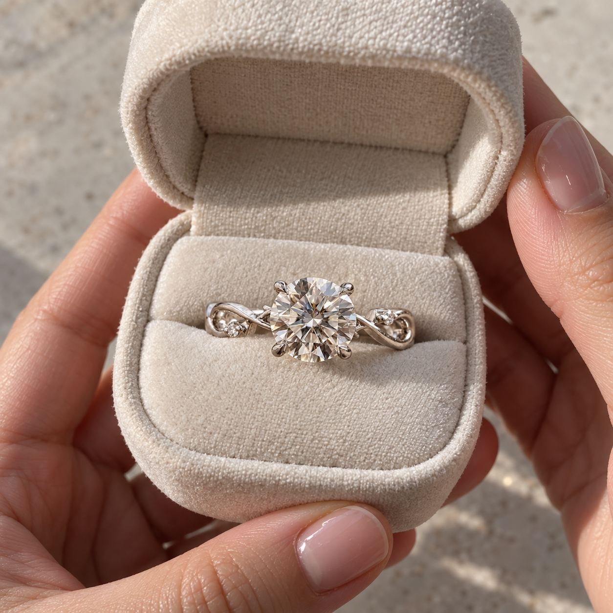 Round Engagement Ring Twisted Vine Shank 14K White Gold Colorless VVS2