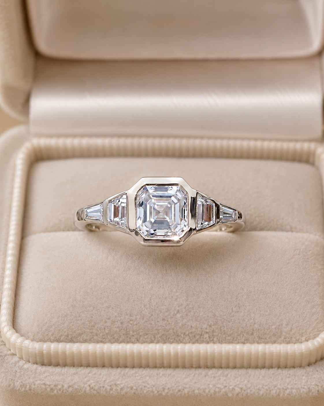Asscher Lab Grown Diamond Engagement Ring – Five Stone Bezel 14K Gold – 2ct Art Deco Step Cut