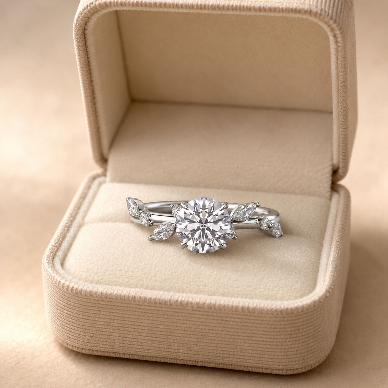 Round Lab Grown Diamond Engagement Ring Marquise Side Stone 14K White Gold IGI Certified 1 Carat