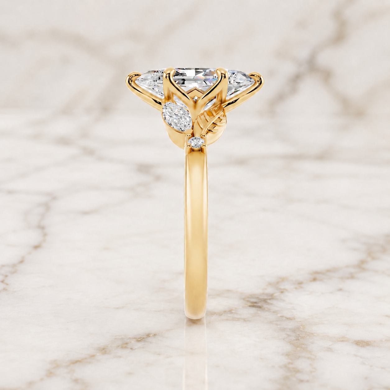 Marquise Lab Grown Diamond Engagement Ring Floral Side Stone 14K Yellow Gold Marquise Accents E Color