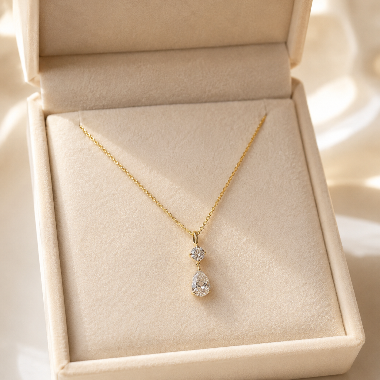 Pear Lab Grown Diamond Drop Pendant Necklace Two Stone Prong 14K Yellow Gold IGI Certified 2.70 CTW