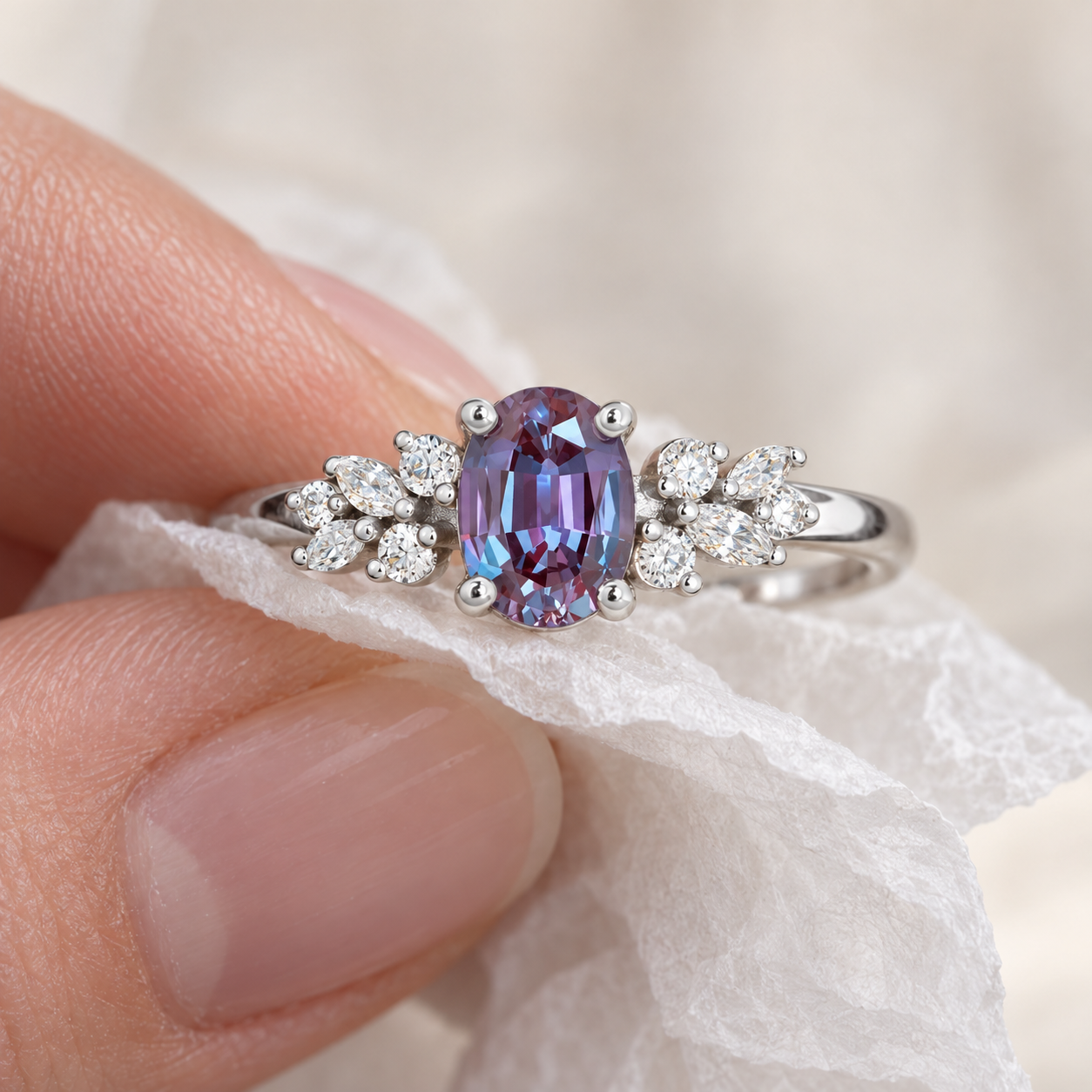 Oval Lab Grown Alexandrite Engagement Ring Floral Diamond Halo Platinum Color Change Gemstone Ring