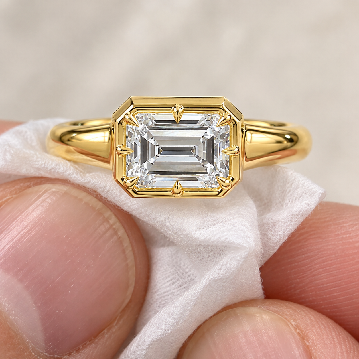 Emerald Cut Lab Grown Diamond Engagement Ring East West Solitaire 14K Yellow Gold Button Back Setting