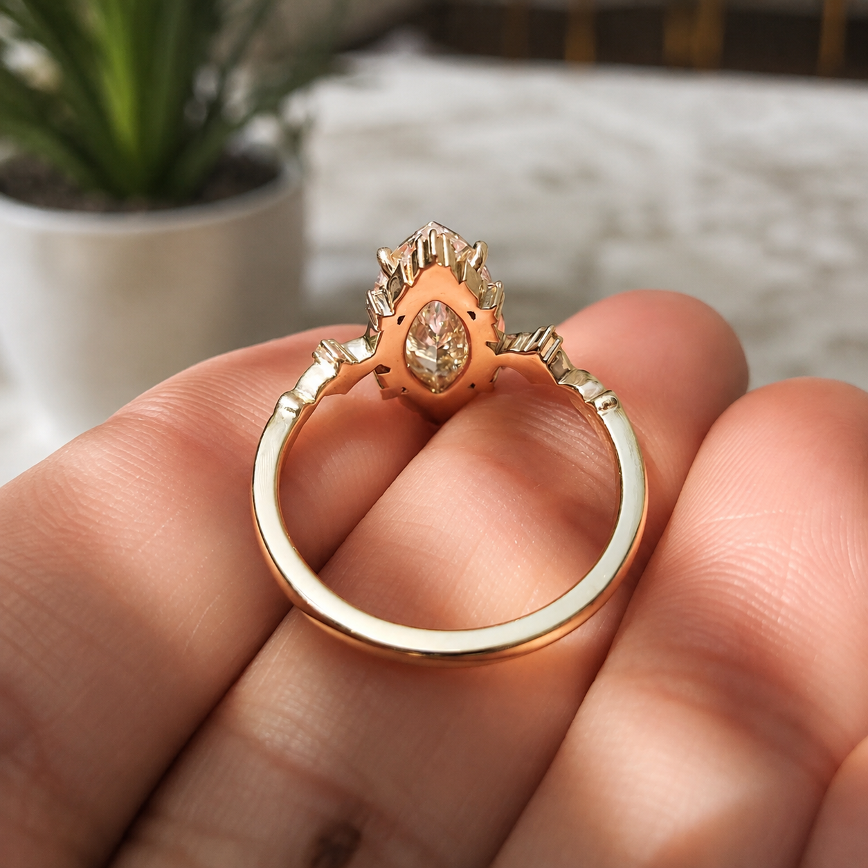 Marquise Lab Grown Diamond Engagement Ring Vintage Scroll 14K Yellow Gold Cluster Accents E