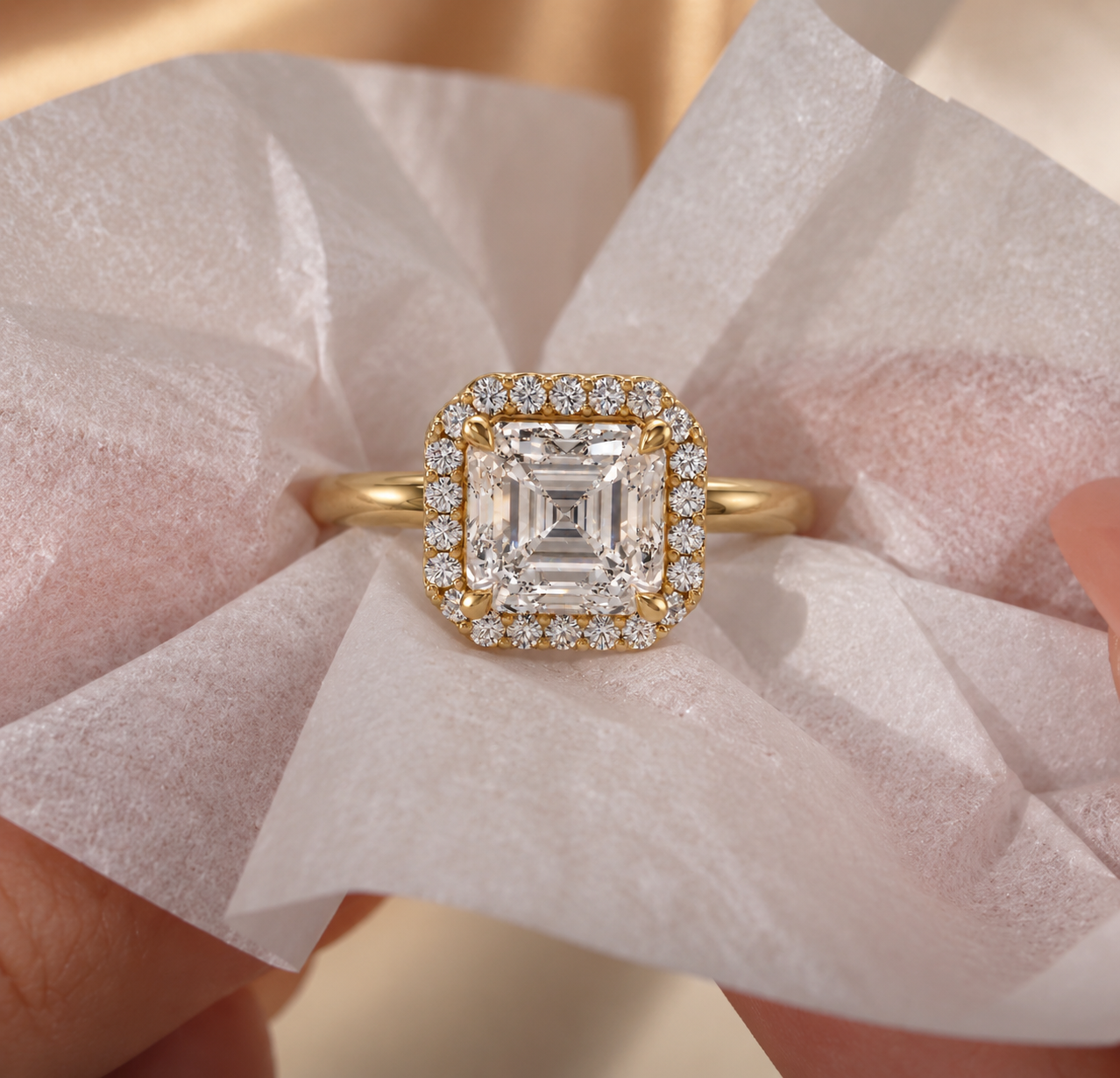 Asscher Lab Grown Diamond Engagement Ring Octagonal Halo 14K White Gold IGI Certified E VVS2