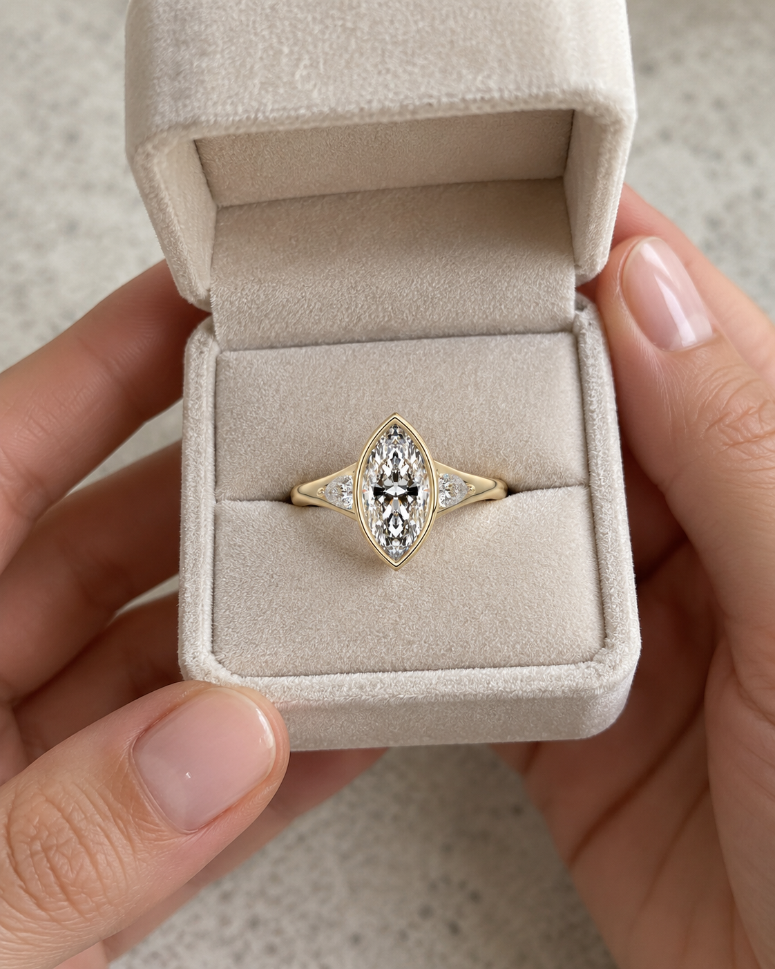 Marquise Lab-Grown Diamond Bezel Engagement Ring, Pear Side Stones, 14K Rose Gold (IGI Certified)
