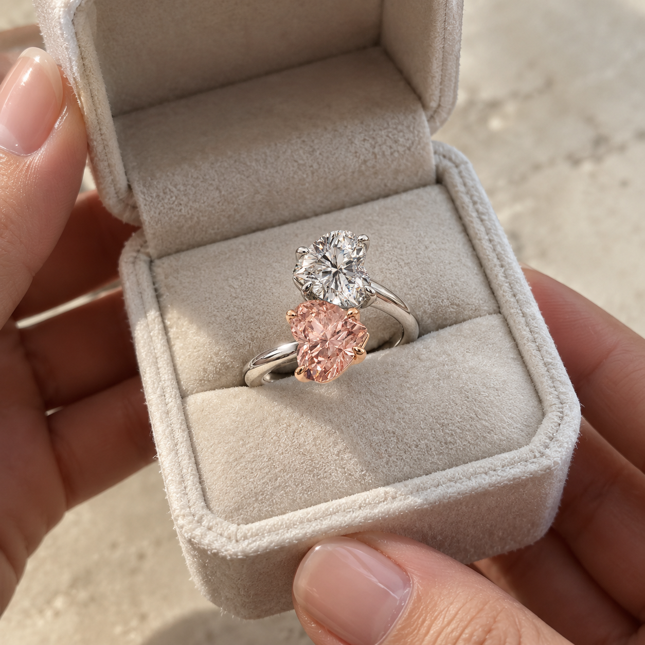 Toi et Moi Lab Grown Diamond Engagement Ring Fancy Pink & White Heart Bypass 14K Two Tone Gold IGI Certified