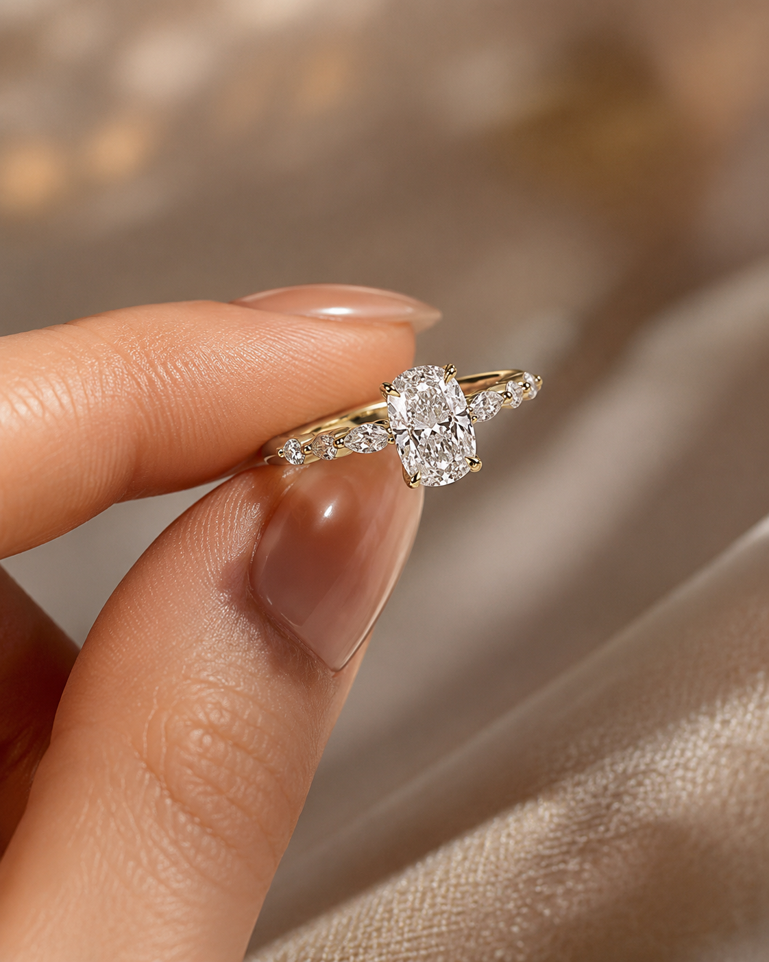 2ct Elongated Cushion Lab Grown Diamond Engagement Ring – 18K Yellow Gold Hidden Halo