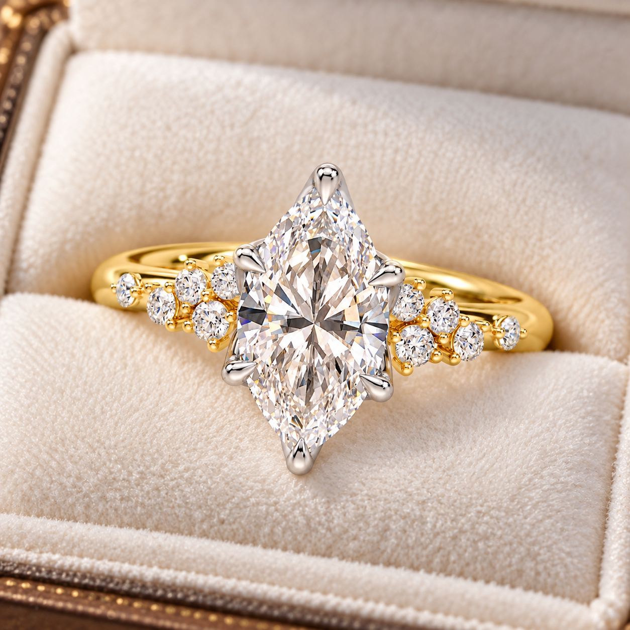 Marquise Lab Grown Diamond Engagement Ring Cluster Two Tone 14K Yellow Gold IGI Certified