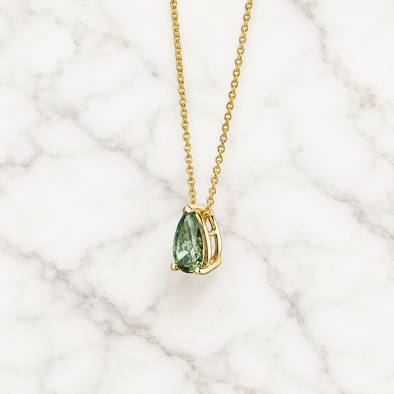 Green Pear Lab Grown Diamond Solitaire Pendant Three Prong 18K Yellow Gold Necklace