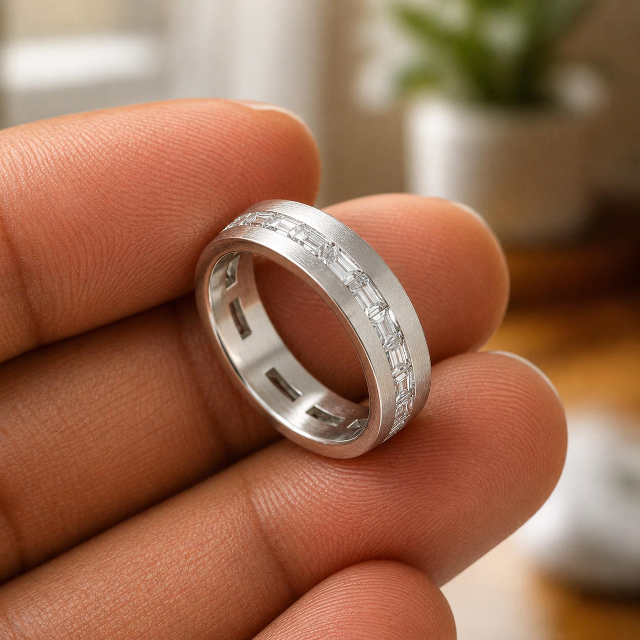 Baguette Lab Grown Diamond Wedding Band – Channel Set 14K White Gold – Brushed Finish Anniversary Ring