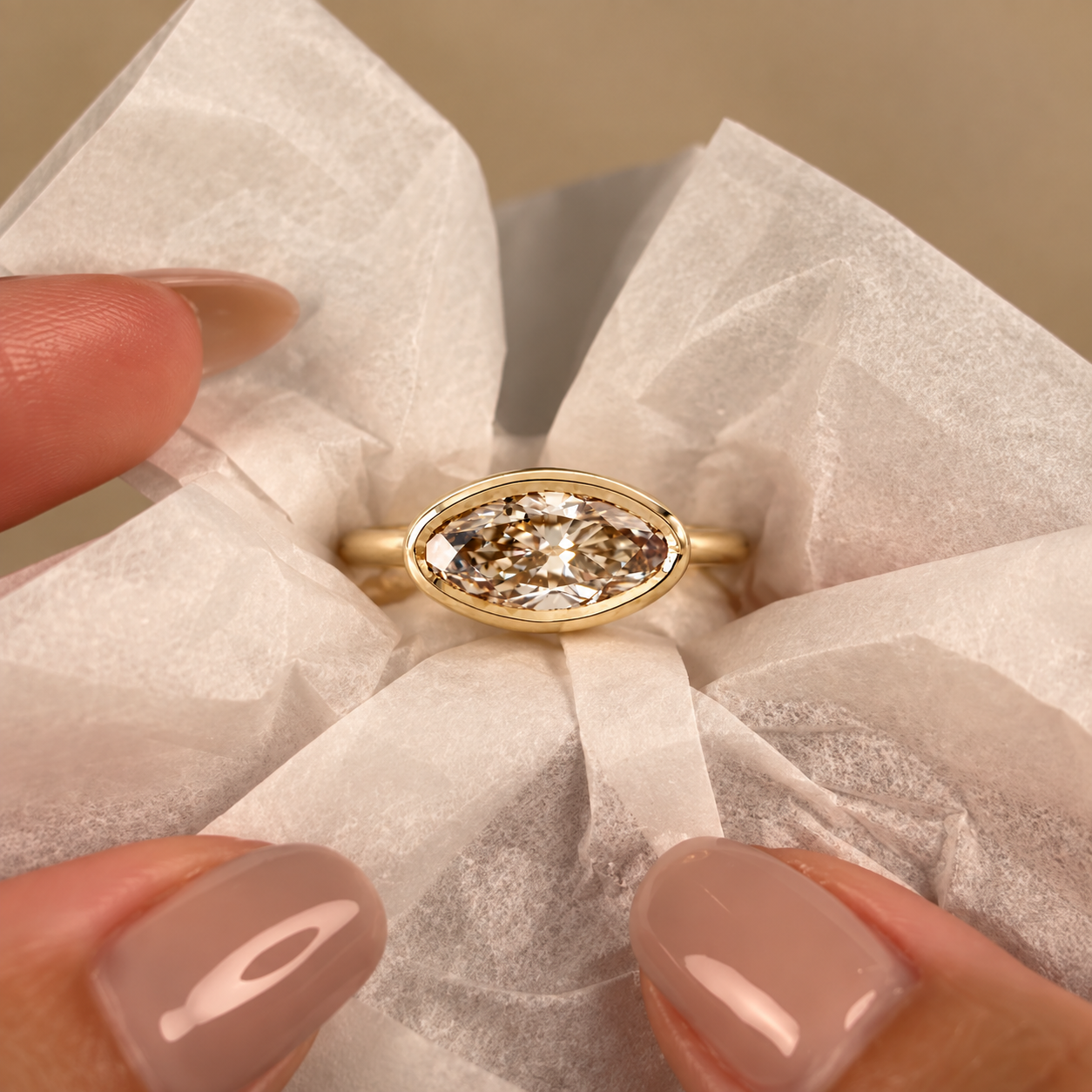 Champagne Moval Diamond Engagement Ring Bezel Set 14K Yellow Gold East West Moval