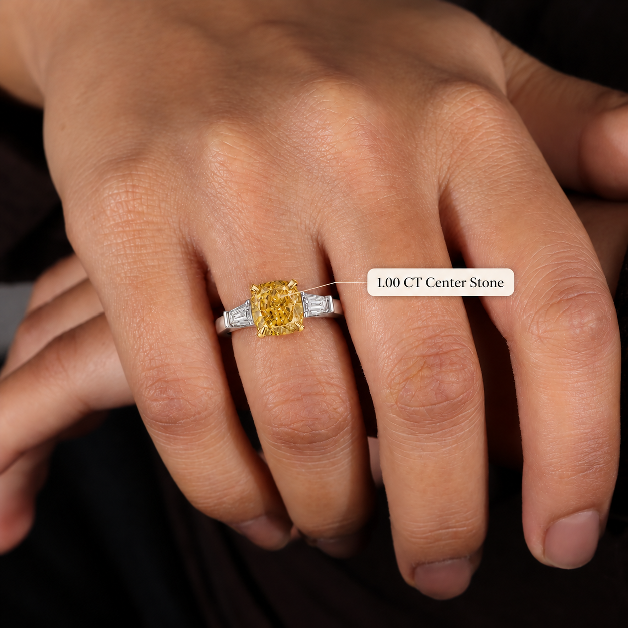 Cushion Cut Yellow Lab Grown Diamond Engagement Ring Three Stone Platinum & Yellow Gold Tapered Baguette Sides