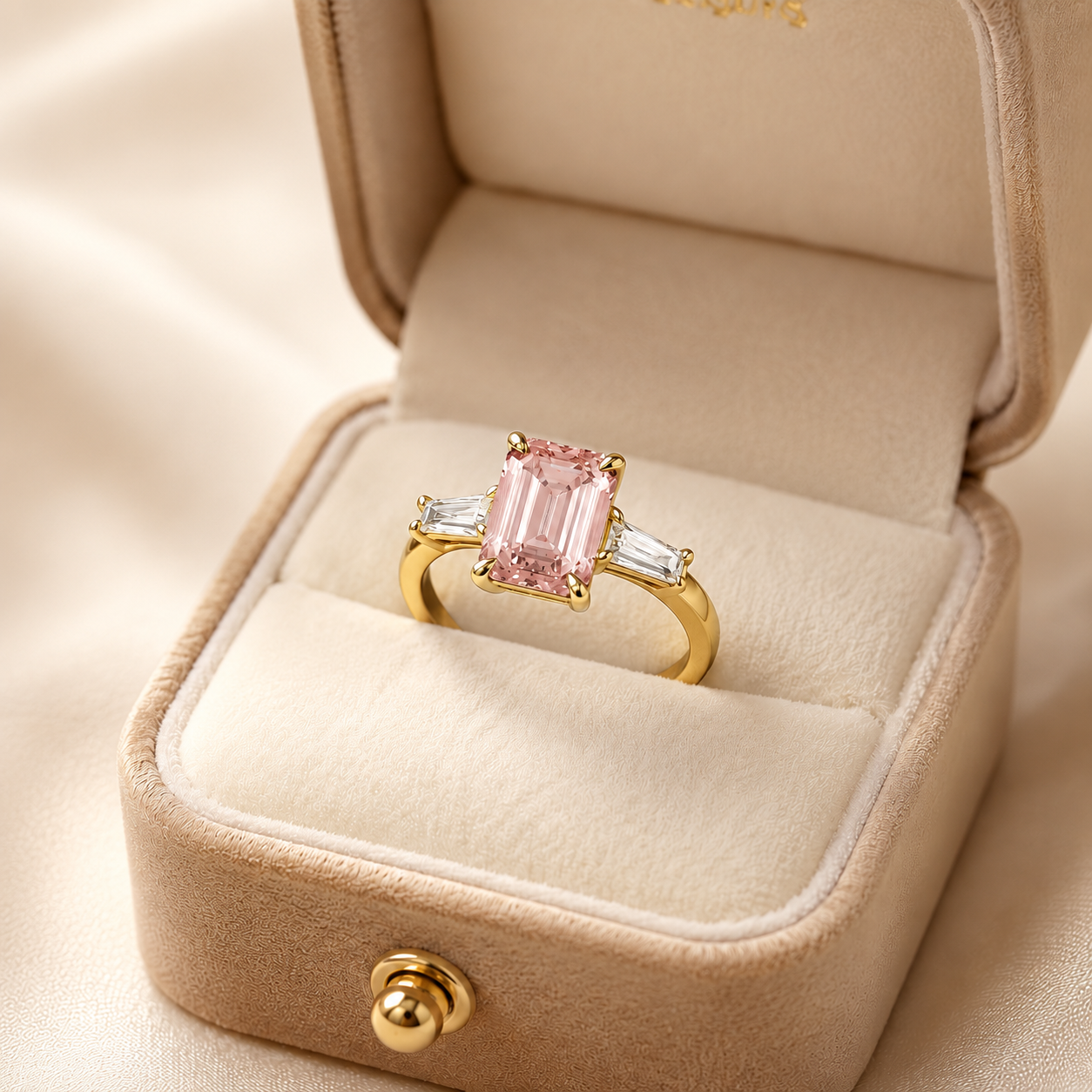 Pink Emerald Cut Lab Grown Diamond Engagement Ring Three Stone Tapered Baguette 14K Yellow Gold IGI Certified