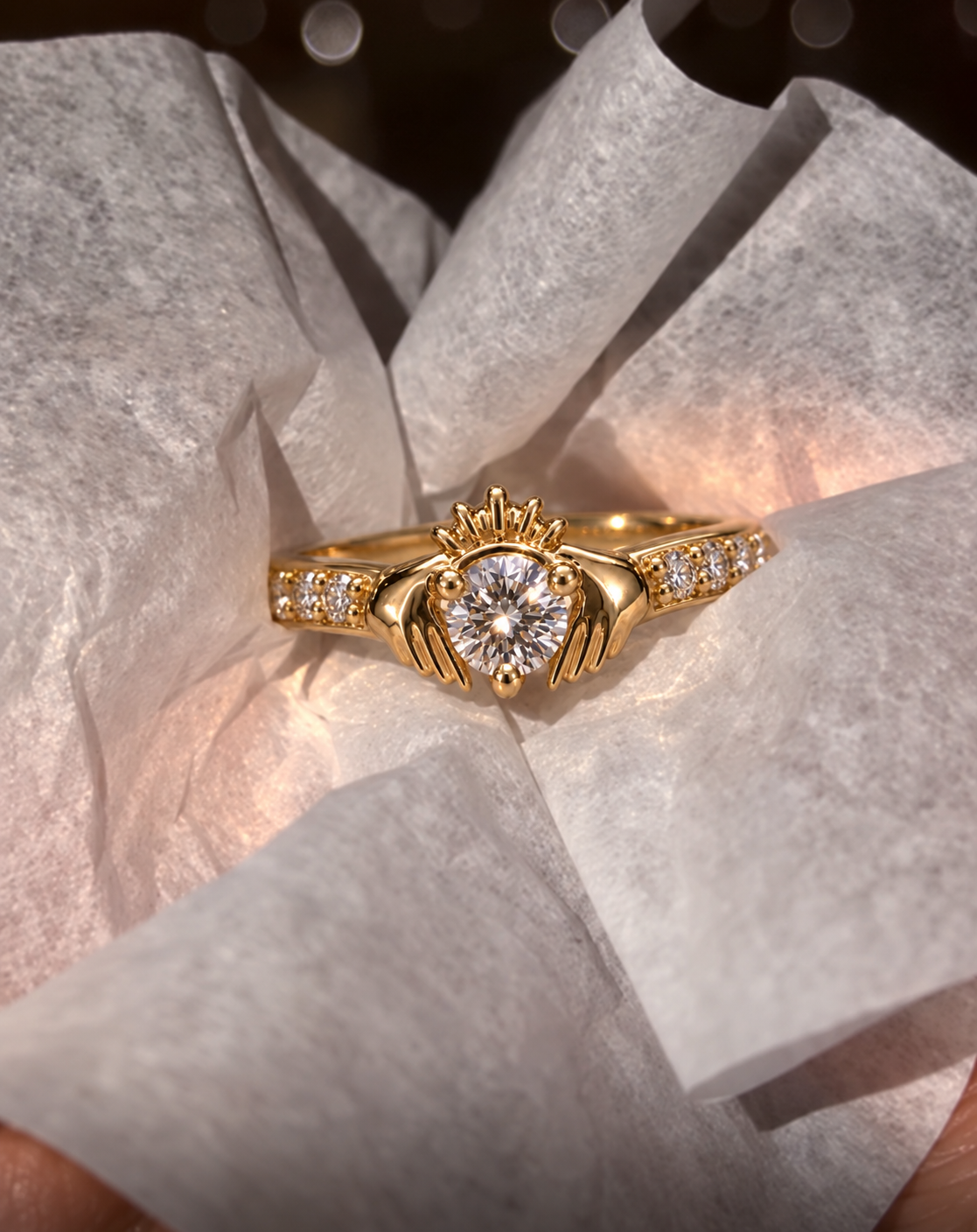 Round Lab Grown Diamond Claddagh Engagement Ring Pave 14K Yellow Gold IGI Certified